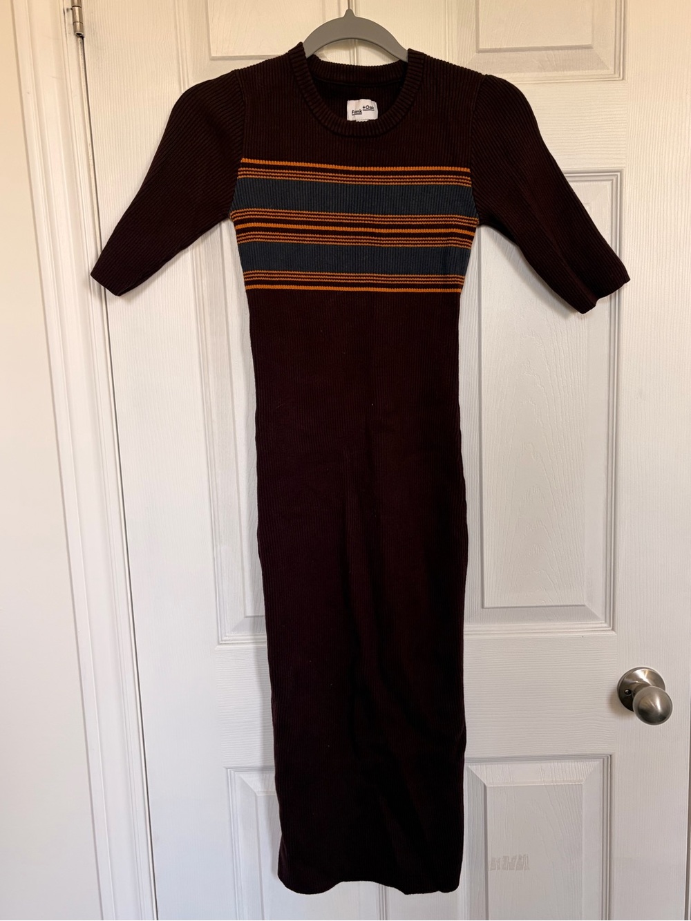 Frank & Oak Burgundy Ribbed Midi Dress with Gold and Gray Stripes
